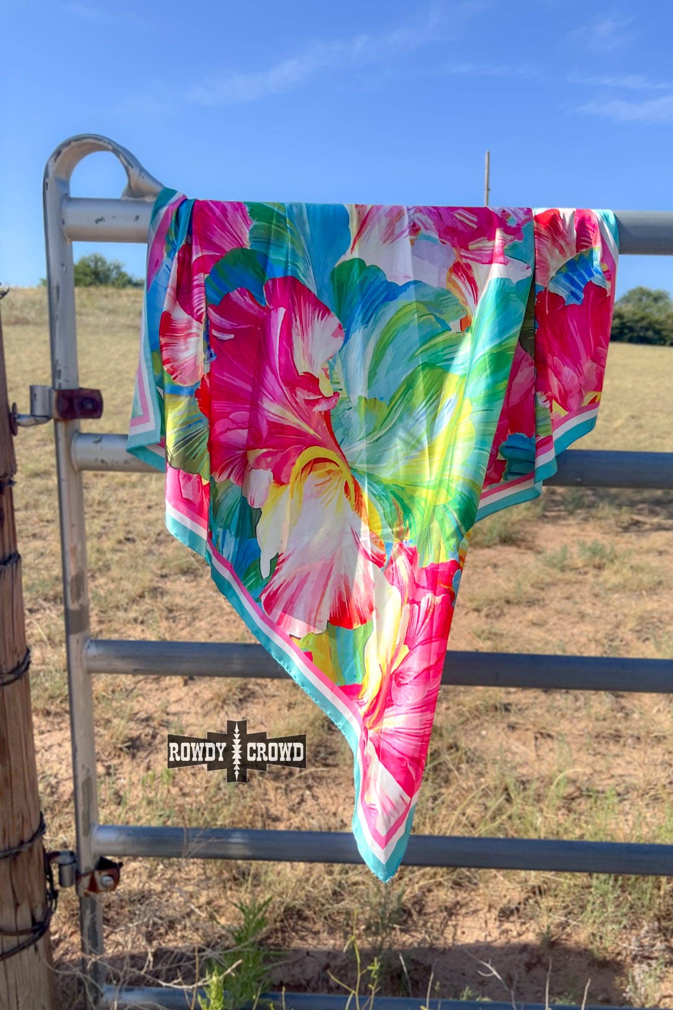 "Coastal" Floral Wild Rag — 36" Polyester Shiny Statement Western Scarf
