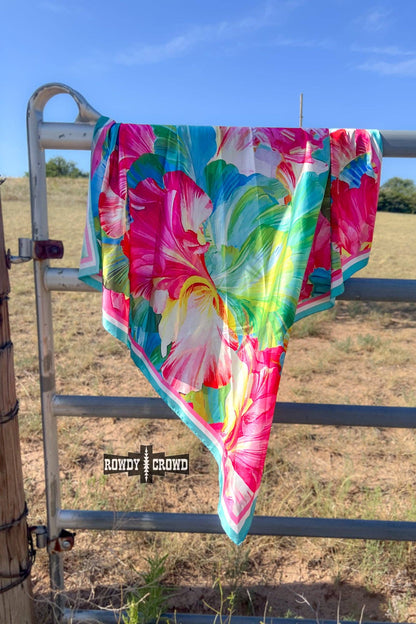 "Coastal" Floral Wild Rag — 36" Polyester Shiny Statement Western Scarf