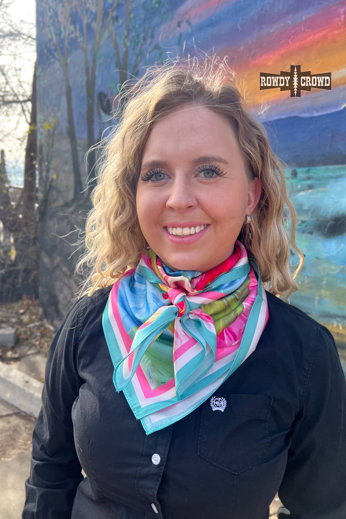 "Coastal" Floral Wild Rag — 36" Polyester Shiny Statement Western Scarf