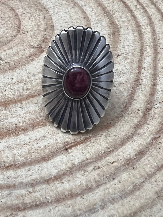 Raymond Coriz Navajo Concho Ring with Purple Spiny Oyster — Sterling Silver, Size 8+ Adjustable