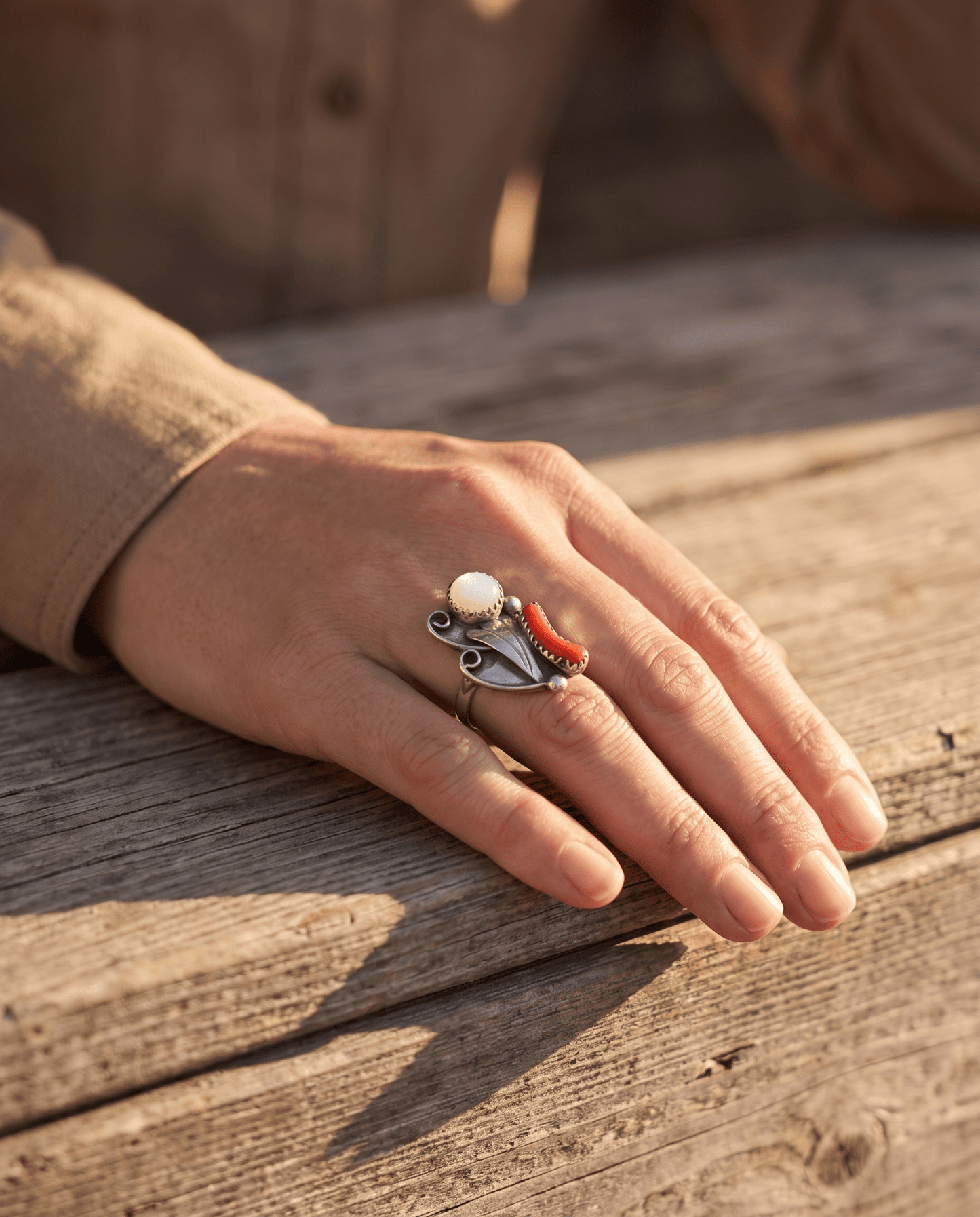 Coral & Mother of Pearl Sterling Silver Flower-Style Ring — Size 5