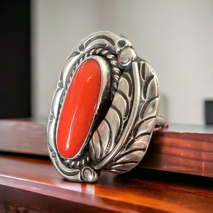 Hallmark LJ Sterling Silver Coral Ring with Leaf Detail — Size 6.5 (Vintage Native American)