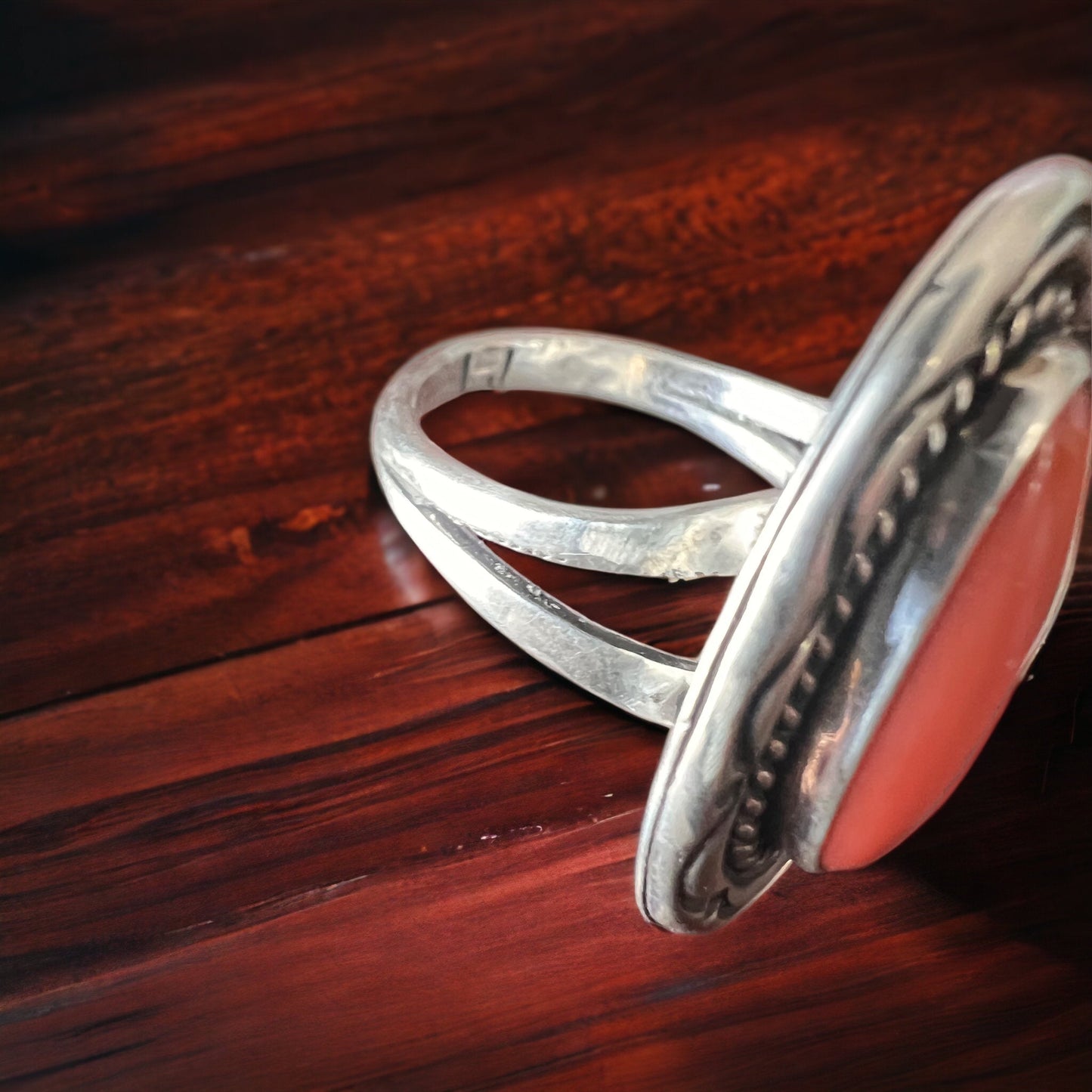 Hallmark LJ Sterling Silver Coral Ring with Leaf Detail — Size 6.5 (Vintage Native American)