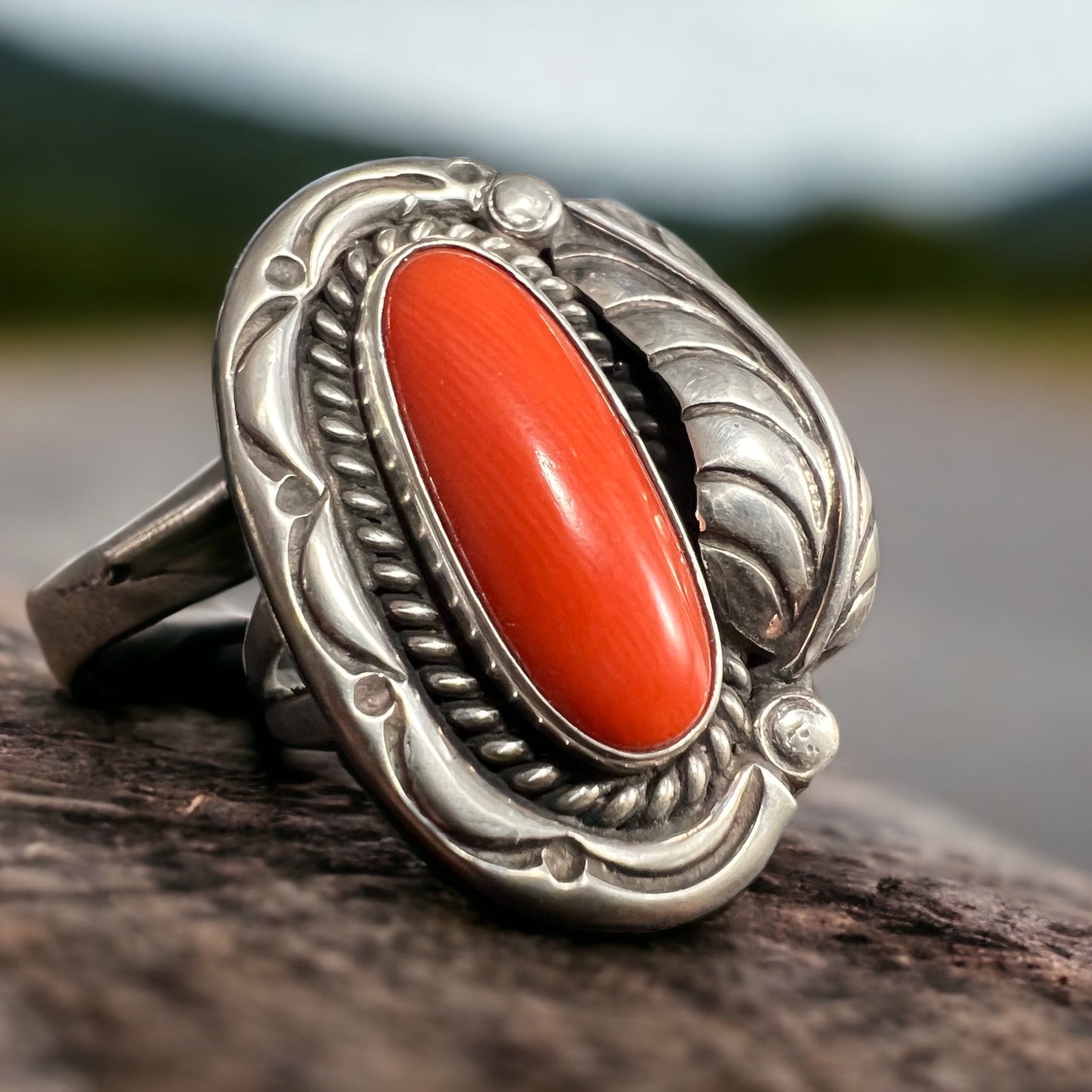 Hallmark LJ Sterling Silver Coral Ring with Leaf Detail — Size 6.5 (Vintage Native American)