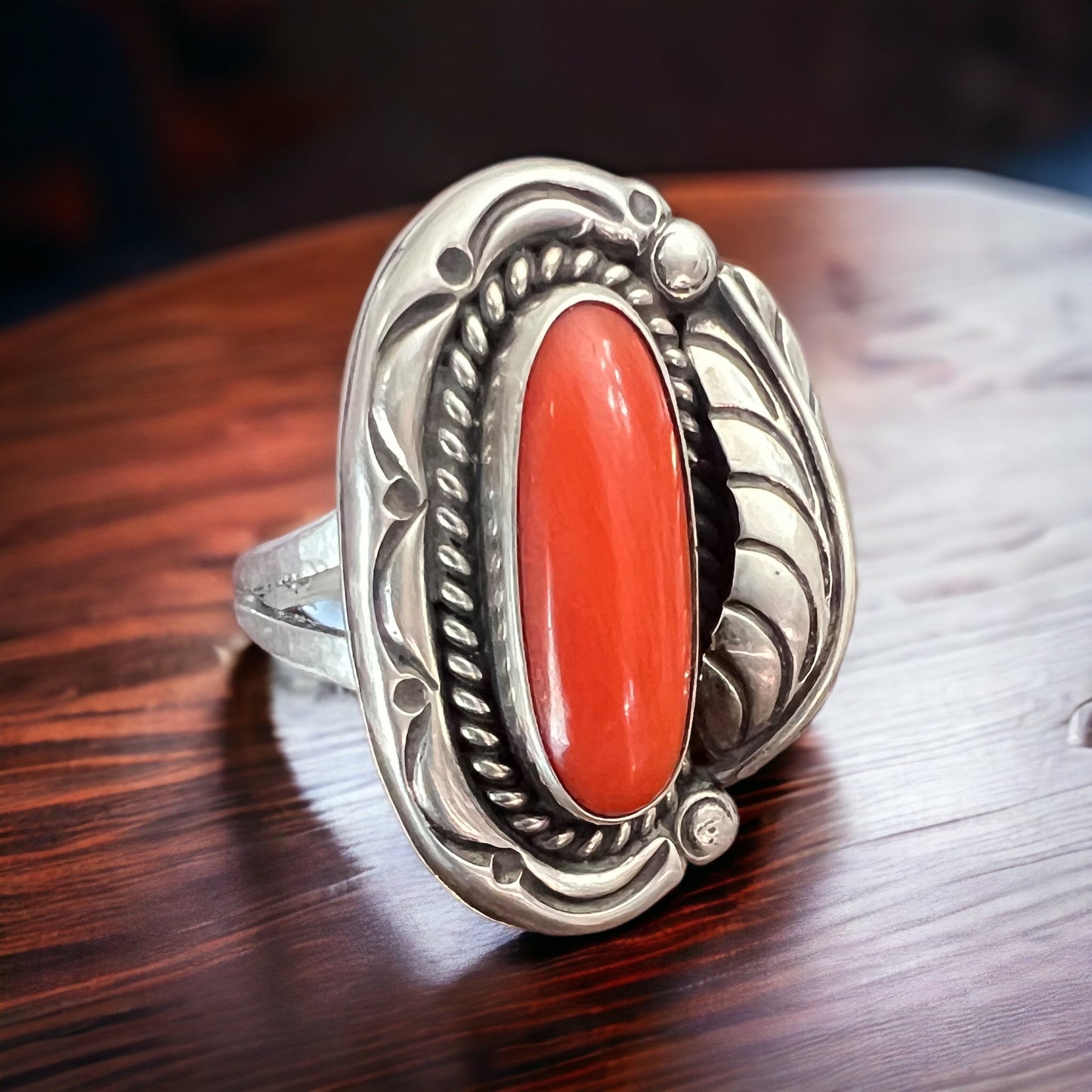 Hallmark LJ Sterling Silver Coral Ring with Leaf Detail — Size 6.5 (Vintage Native American)