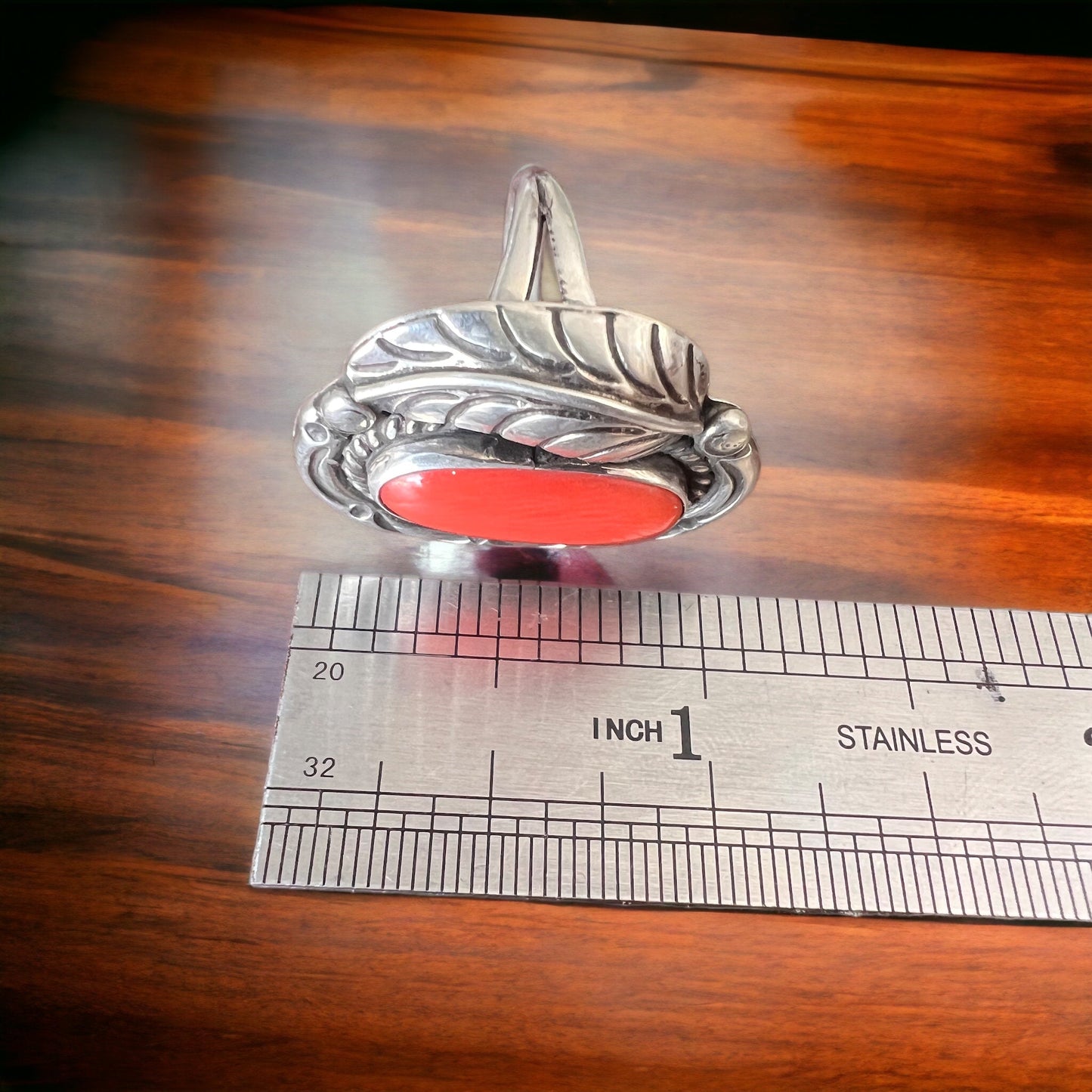 Hallmark LJ Sterling Silver Coral Ring with Leaf Detail — Size 6.5 (Vintage Native American)