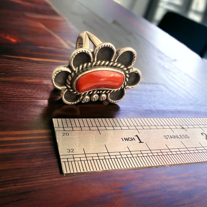 Annie Chapo Hand-Stamped Sterling Silver Coral Ring — Size 7 (Vintage Native American)