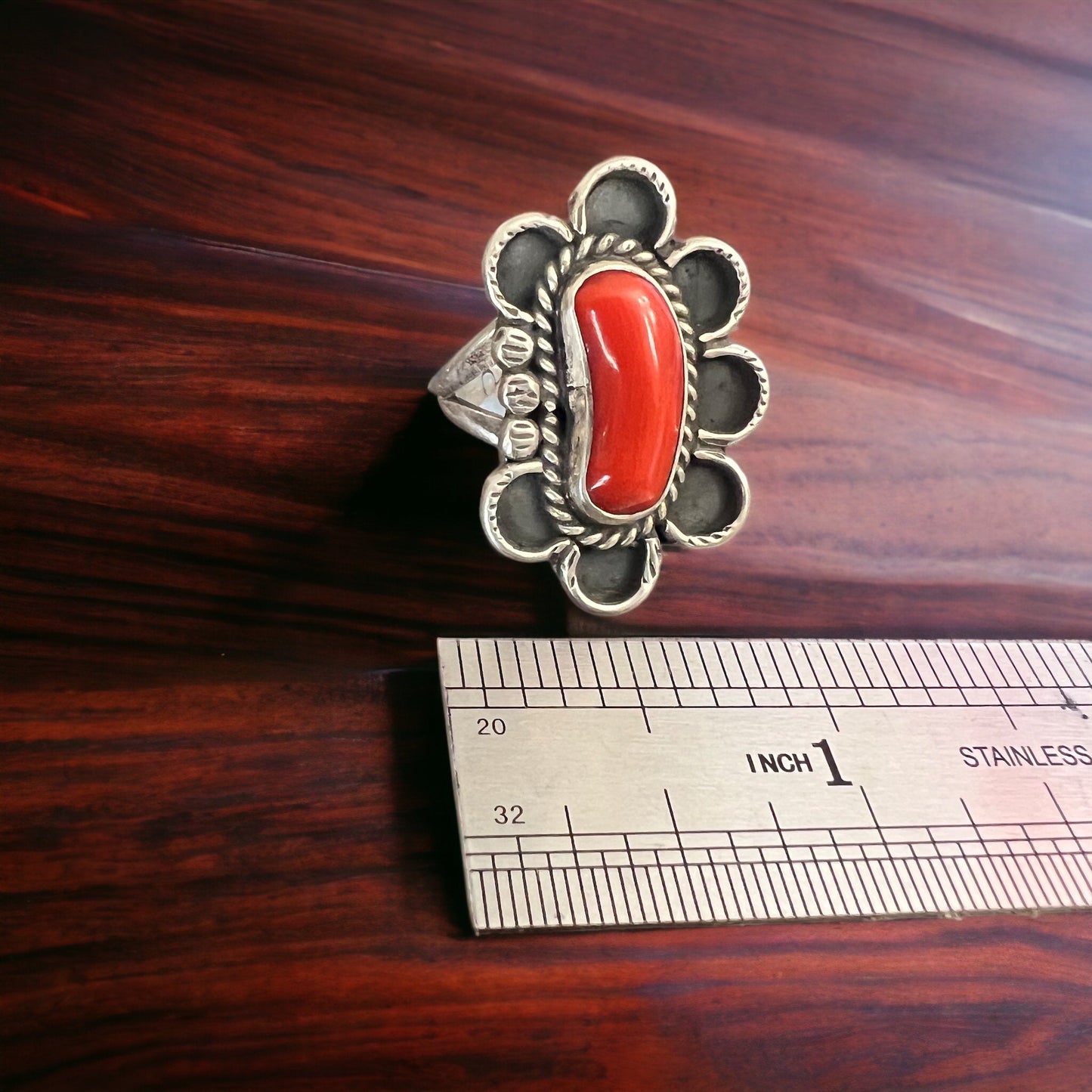 Annie Chapo Hand-Stamped Sterling Silver Coral Ring — Size 7 (Vintage Native American)