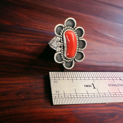 Annie Chapo Hand-Stamped Sterling Silver Coral Ring — Size 7 (Vintage Native American)
