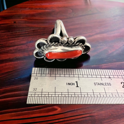 Annie Chapo Hand-Stamped Sterling Silver Coral Ring — Size 7 (Vintage Native American)