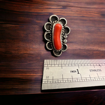 Annie Chapo Hand-Stamped Sterling Silver Coral Ring — Size 7 (Vintage Native American)