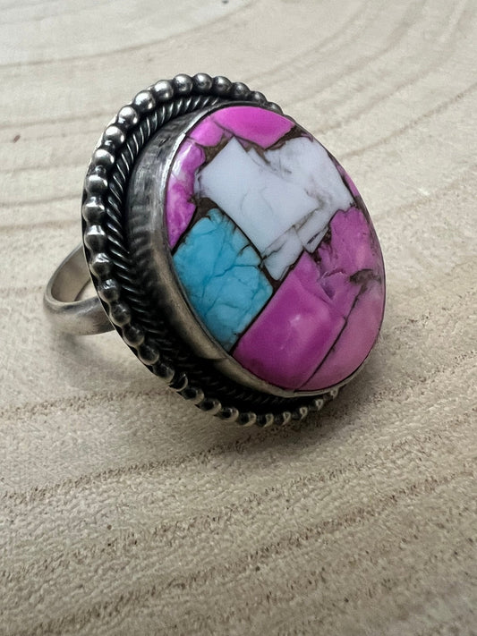 Scott Skeets Navajo Handmade Cotton Candy Adjustable Multi-Stone Ring (Coral + Turquoise)