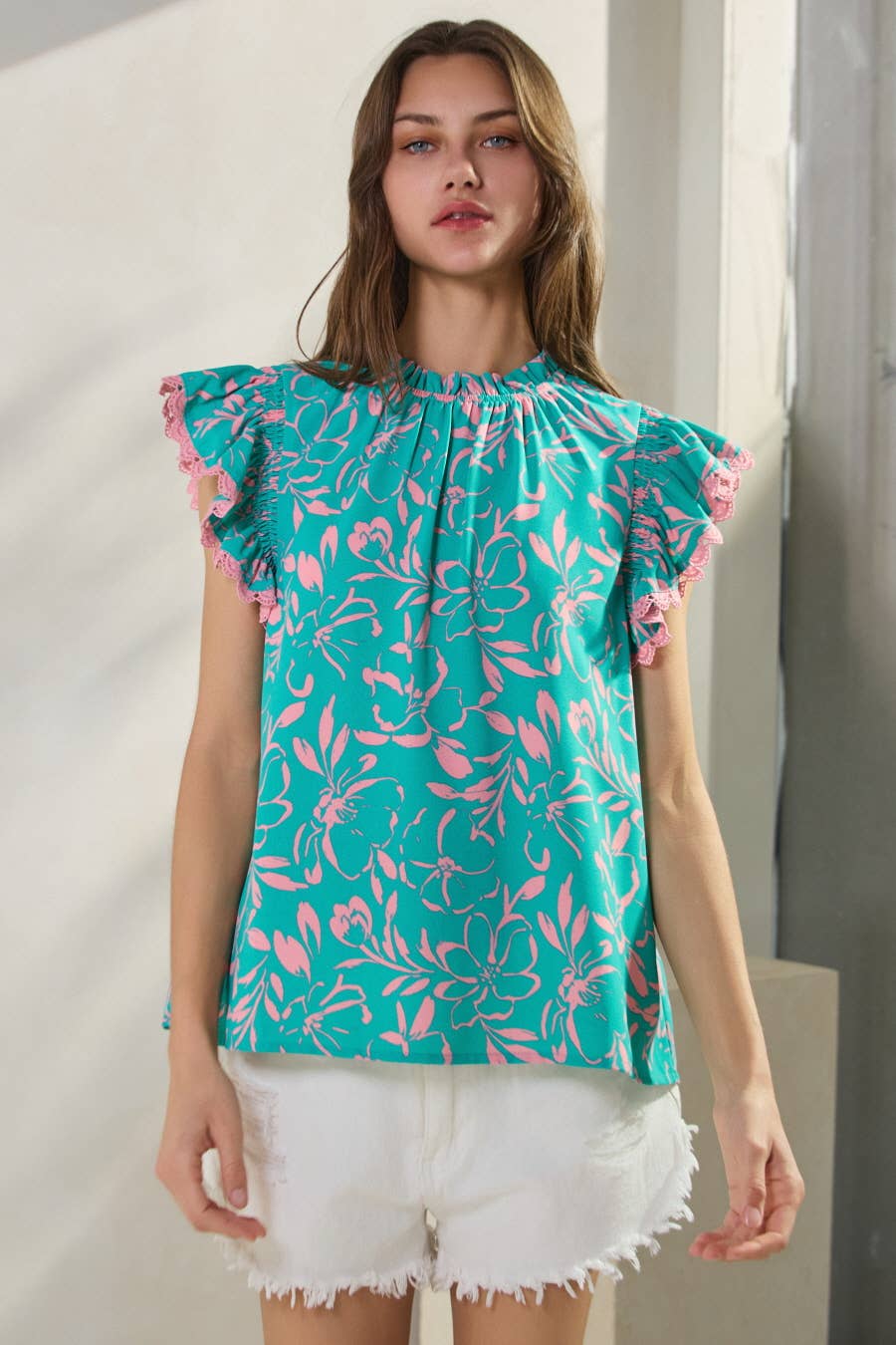 Oddi "Cotton Candy" Lace Trim Flutter Sleeve Western Top — Turquoise & Candy Pink Print with Button Neck