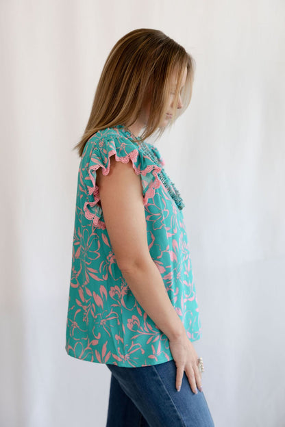 Oddi "Cotton Candy" Lace Trim Flutter Sleeve Western Top — Turquoise & Candy Pink Print with Button Neck