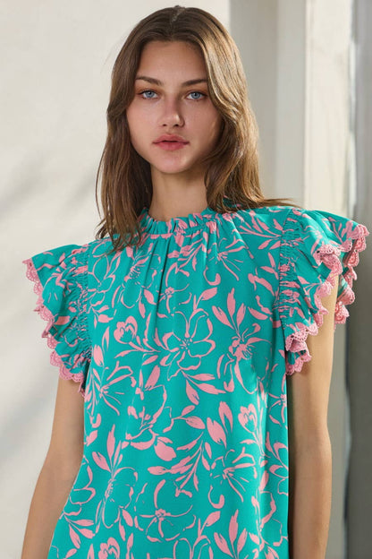 Oddi "Cotton Candy" Lace Trim Flutter Sleeve Western Top — Turquoise & Candy Pink Print with Button Neck