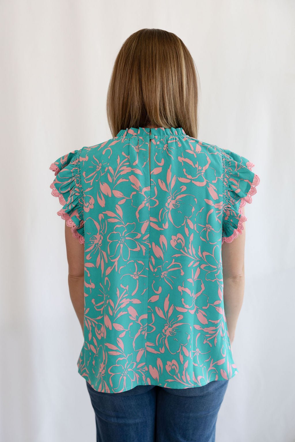 Oddi "Cotton Candy" Lace Trim Flutter Sleeve Western Top — Turquoise & Candy Pink Print with Button Neck