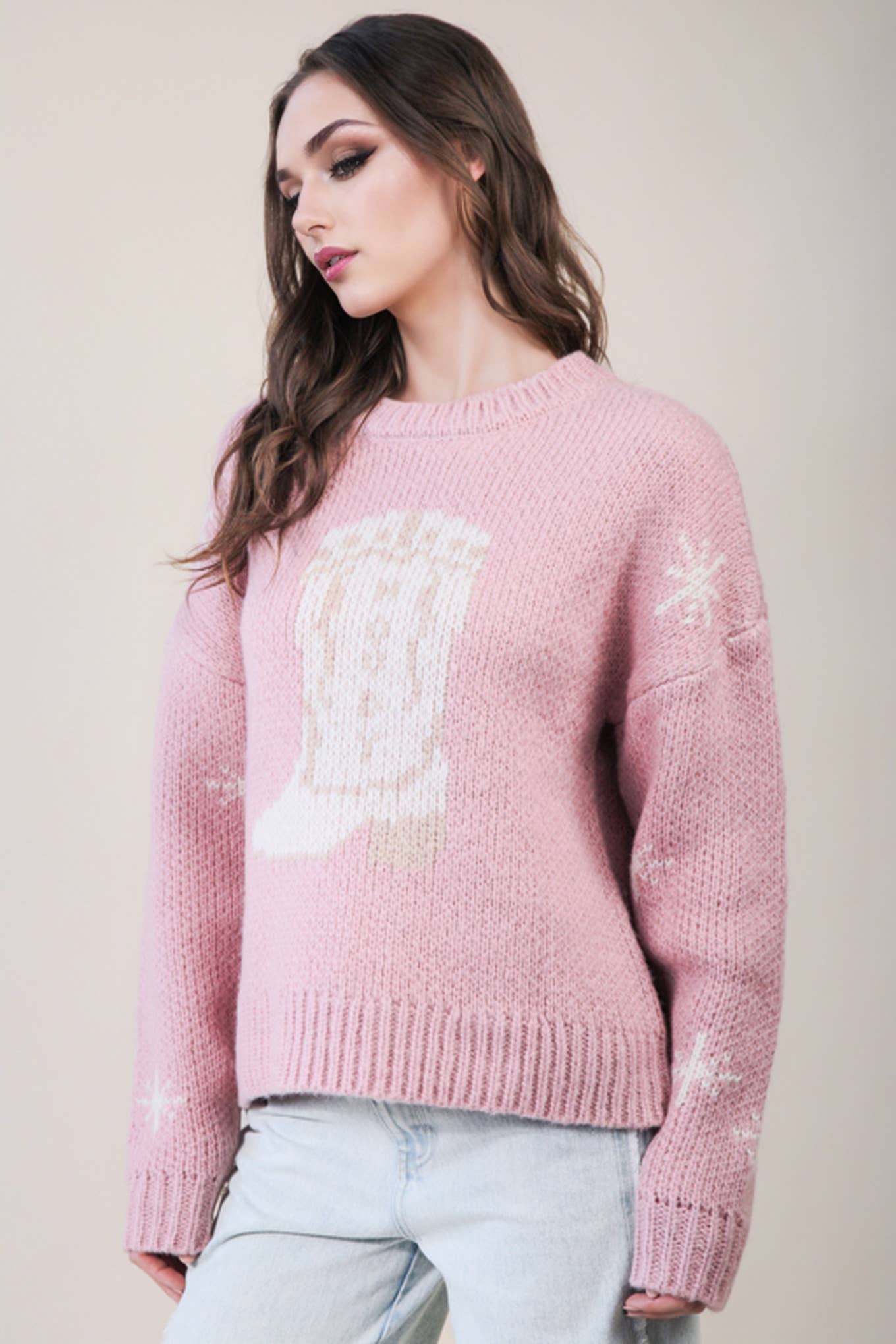 VERY J "Cowboy Boots" Western Graphic Knit Sweater — Oversized Drop Shoulder Layering Piece (large remaining)