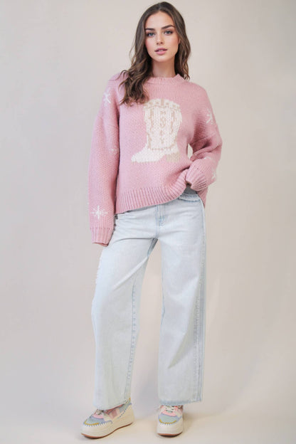 VERY J "Cowboy Boots" Western Graphic Knit Sweater — Oversized Drop Shoulder Layering Piece (large remaining)