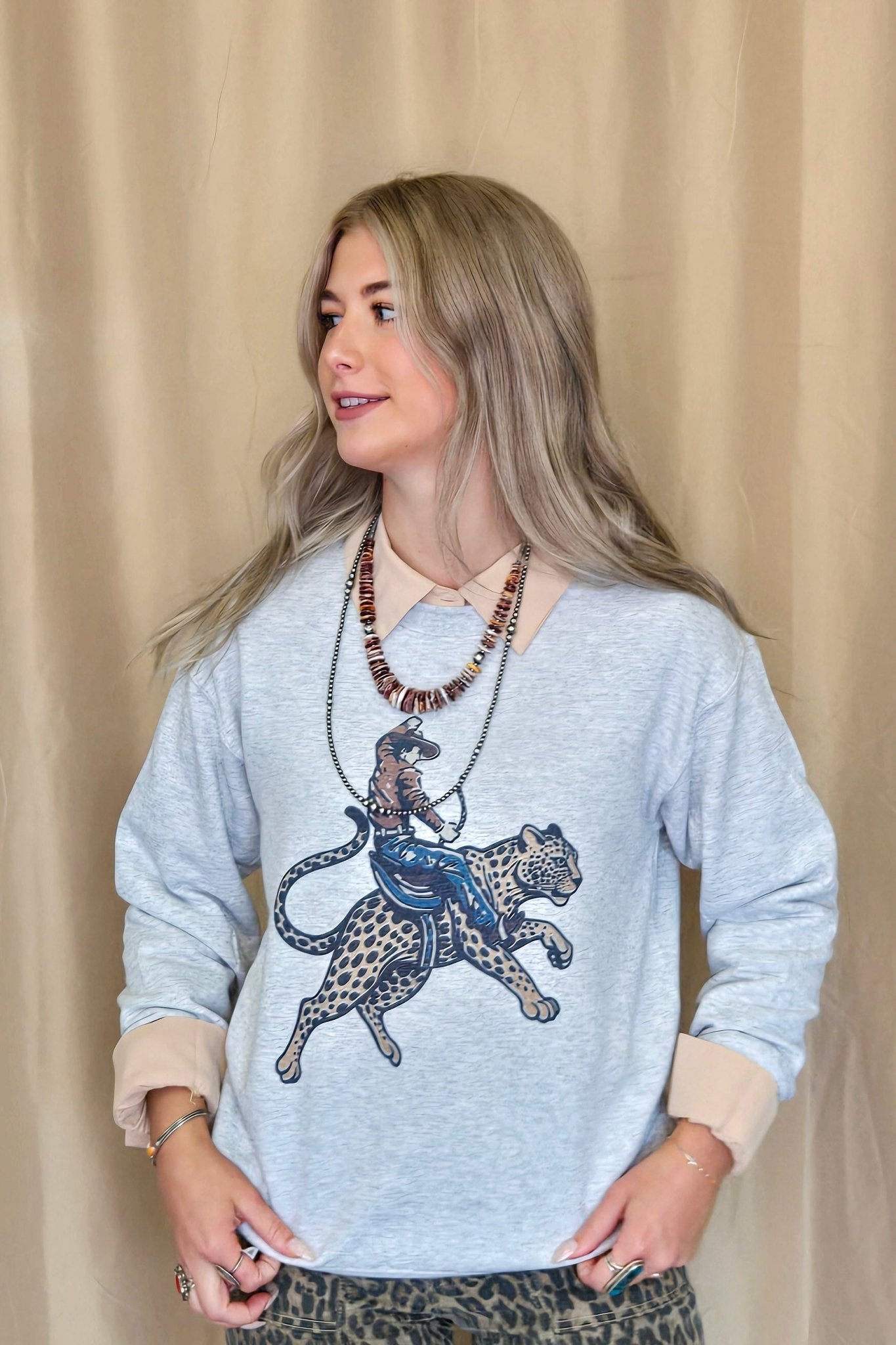 Gunpowder and Glam "Cowboy Cheetah" Western Crewneck Sweatshirt — Vibrant Sublimation Print on White