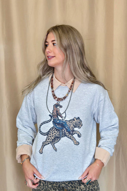 Gunpowder and Glam "Cowboy Cheetah" Western Crewneck Sweatshirt — Vibrant Sublimation Print on White