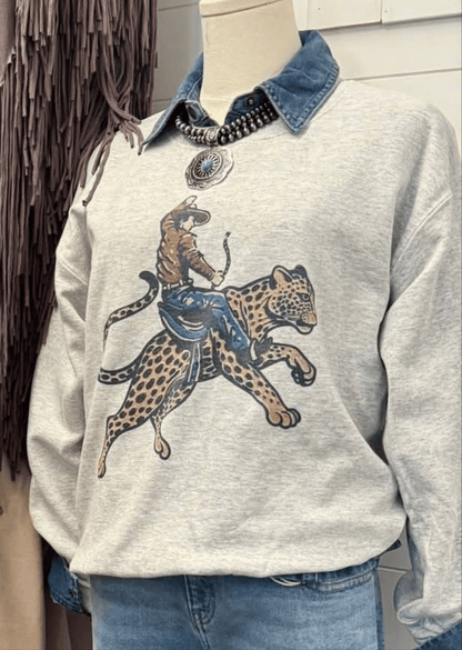 Gunpowder and Glam "Cowboy Cheetah" Western Crewneck Sweatshirt — Vibrant Sublimation Print on White