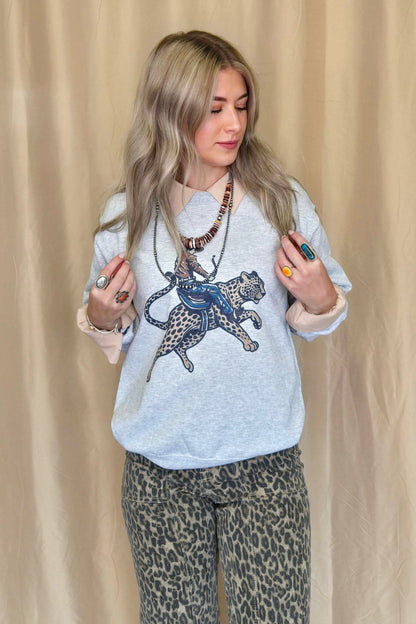 Gunpowder and Glam "Cowboy Cheetah" Western Crewneck Sweatshirt — Vibrant Sublimation Print on White