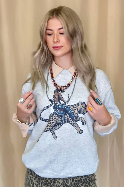 Gunpowder and Glam "Cowboy Cheetah" Western Crewneck Sweatshirt — Vibrant Sublimation Print on White