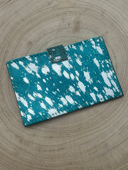 Western Cowhide Credit Card Wallet — Silver on Turquoise Hair-on-Hide (5" x 4" Real Hide)