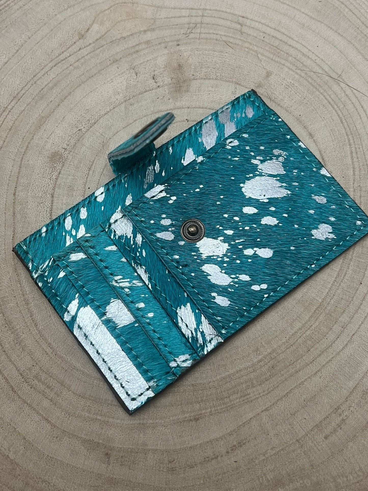 Western Cowhide Credit Card Wallet — Silver on Turquoise Hair-on-Hide (5" x 4" Real Hide)