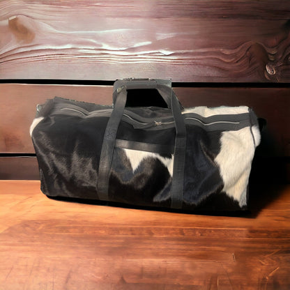 Authentic Cowhide Duffle Bag — Black & White Hair-on-Hide, Carry-On Sized (23")