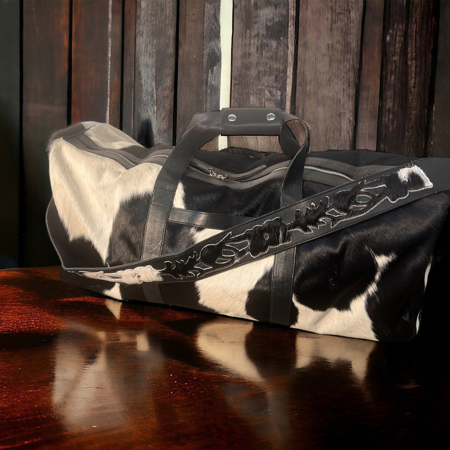 Authentic Cowhide Duffle Bag — Black & White Hair-on-Hide, Carry-On Sized (23")