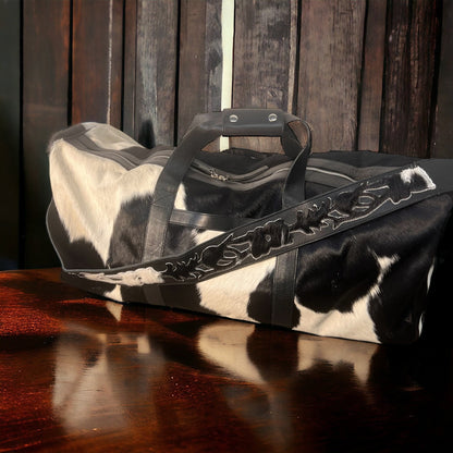 Authentic Cowhide Duffle Bag — Black & White Hair-on-Hide, Carry-On Sized (23")