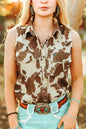 LUCKY & BLESSED Sleeveless Cowhide Print Denim Western Shirt with Pearl Snaps — Brown & Cream Ranch Statement