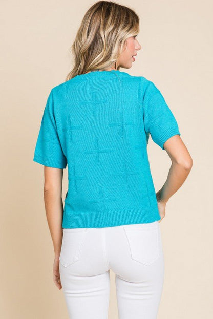Jodifl Crosses Textured Knit Western Top — U-Neck Short Sleeve Summer Layering Piece