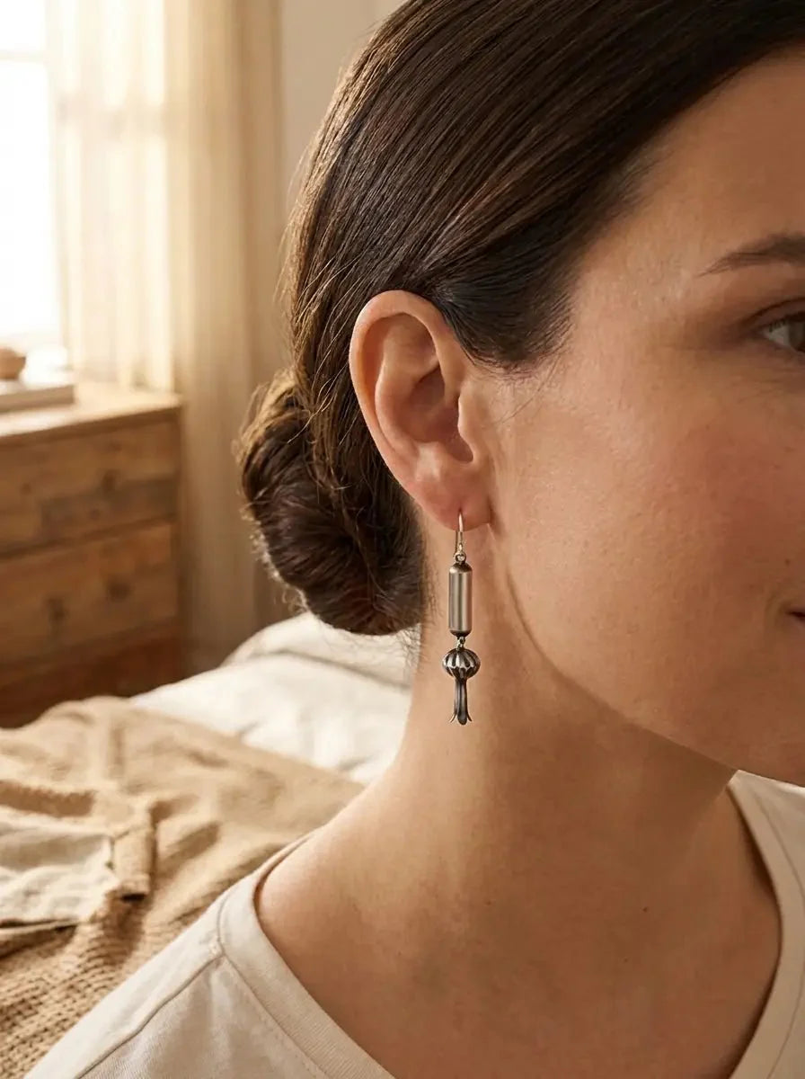 Crystal Hayley Sterling Silver Navajo Barrel & Squash Blossom Dangle Earrings — 1 3/4 inch drop (Handcrafted by Navajo Artist)