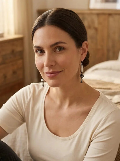 Crystal Hayley Sterling Silver Navajo Barrel & Squash Blossom Dangle Earrings — 1 3/4 inch drop (Handcrafted by Navajo Artist)