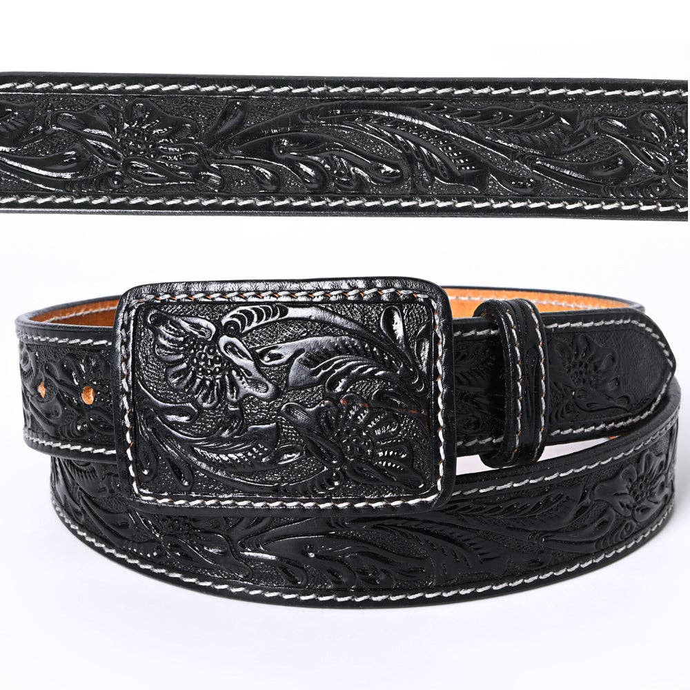 Genuine American Hand-Tooled Leather Belt — Western Unisex Black Belt with Removable Buckle