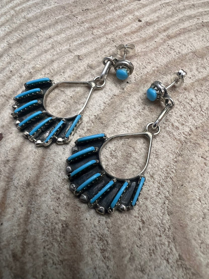 Davis Kaamasee Zuni Sterling Silver Kingman Turquoise Dangle Earrings