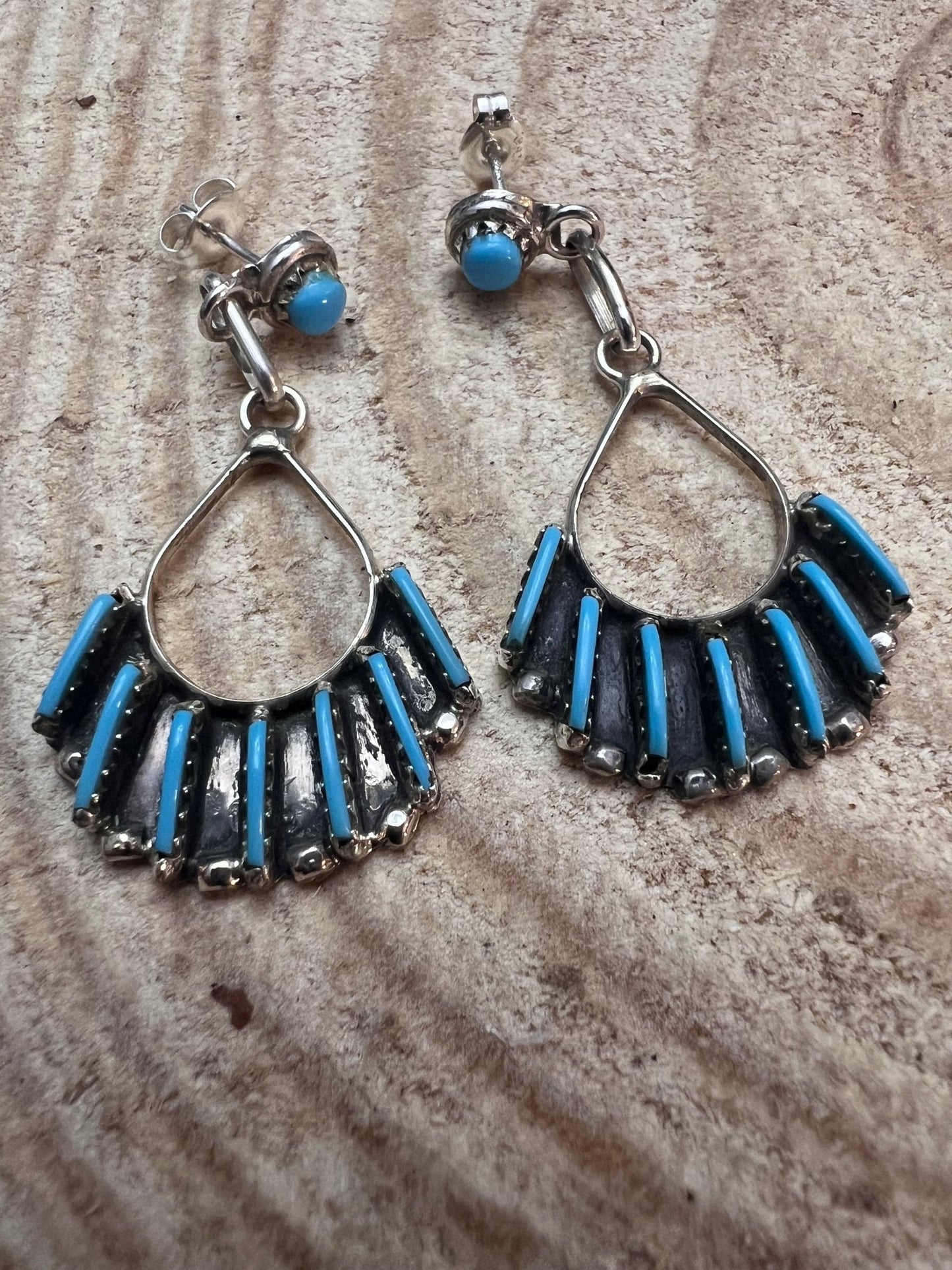 Davis Kaamasee Zuni Sterling Silver Kingman Turquoise Dangle Earrings