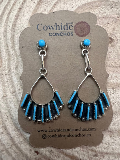 Davis Kaamasee Zuni Sterling Silver Kingman Turquoise Dangle Earrings