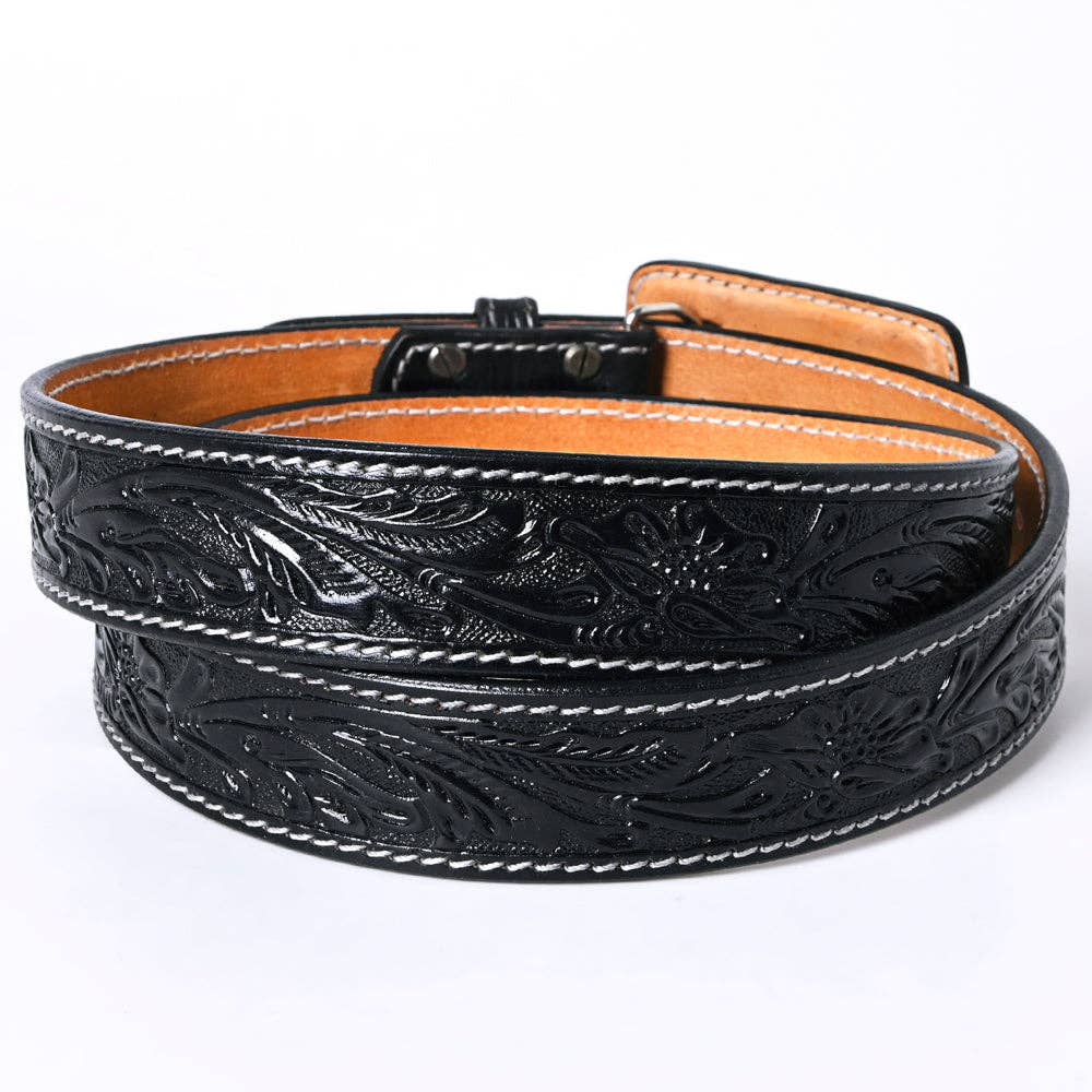 Genuine American Hand-Tooled Leather Belt — Western Unisex Black Belt with Removable Buckle