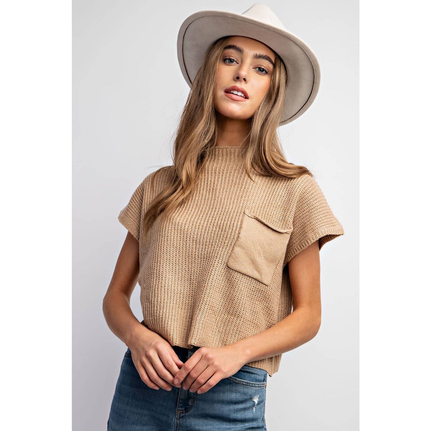 Sweet Generis "Devils Tower" Western Ribbed Sweater Top — Funnel Neck with Front Pouch Pocket (4 Colors)