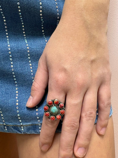 Devin Brown Navajo Sterling Silver Coral & Turquoise Adjustable Ring — Size 7.5–9