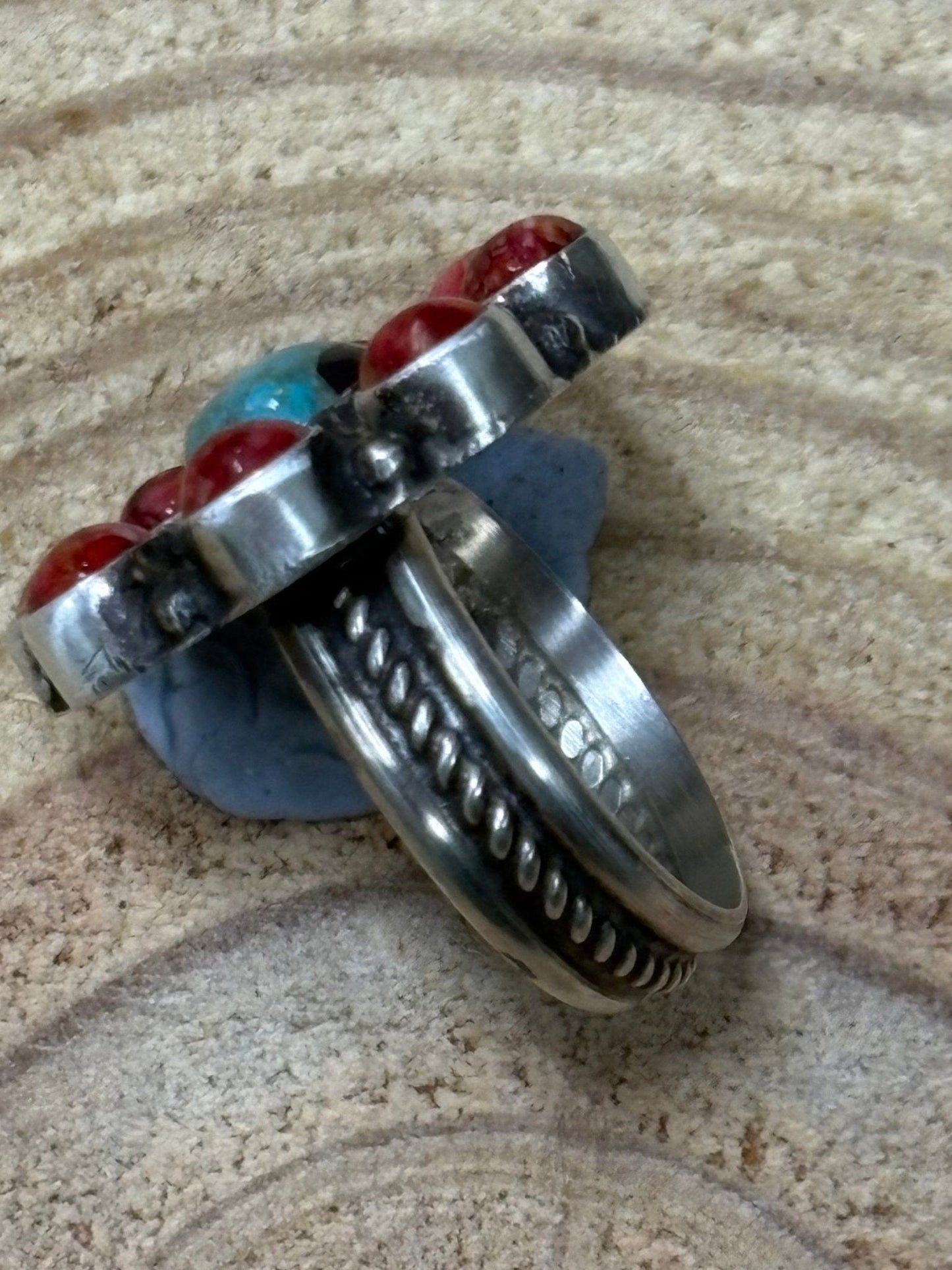 Devin Brown Navajo Sterling Silver Coral & Turquoise Adjustable Ring — Size 7.5–9