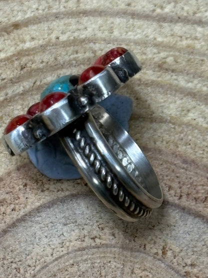 Devin Brown Navajo Sterling Silver Coral & Turquoise Adjustable Ring — Size 7.5–9