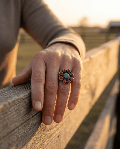 Devin Brown Navajo Sterling Silver Coral & Turquoise Adjustable Ring — Size 7.5–9
