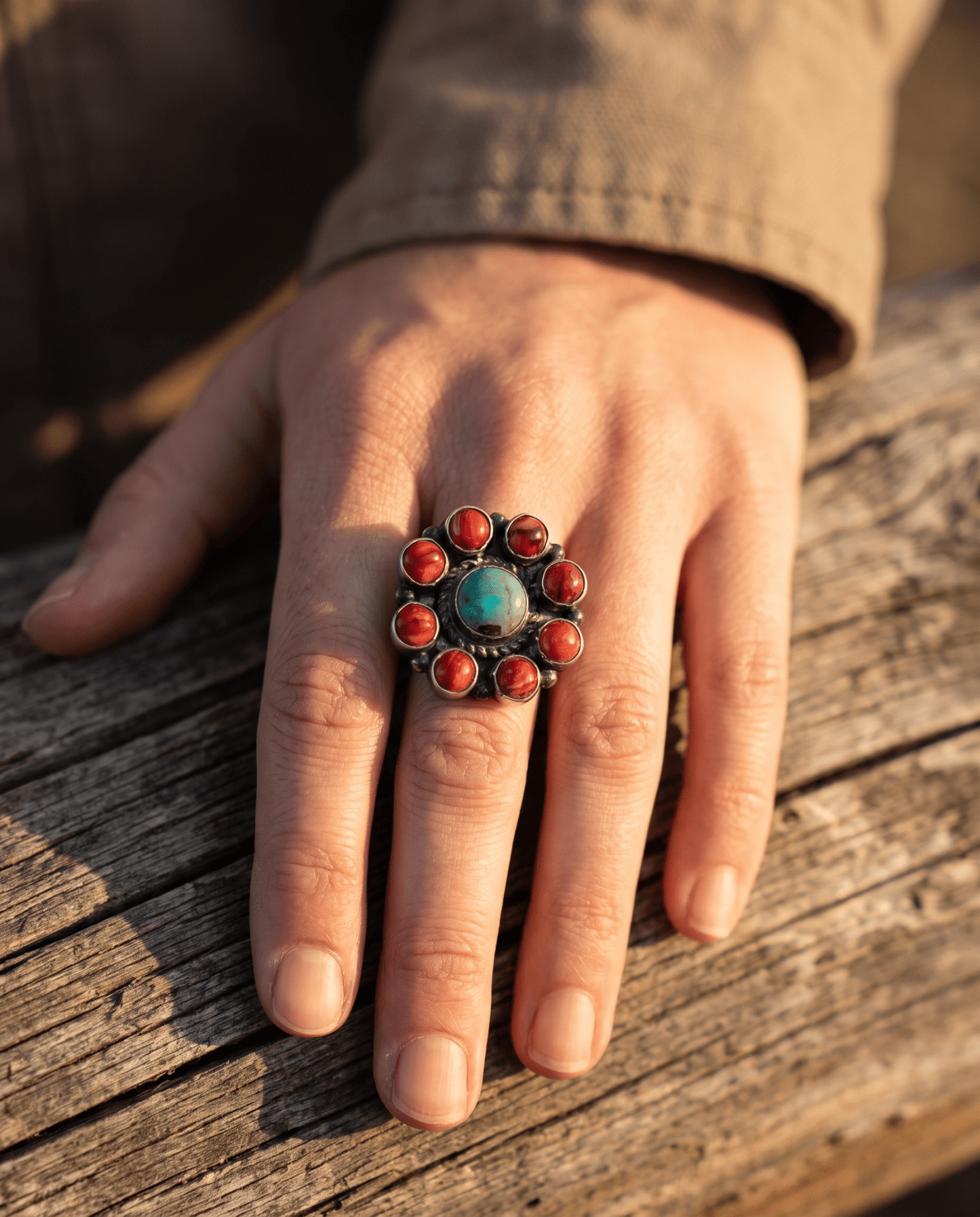Devin Brown Navajo Sterling Silver Coral & Turquoise Adjustable Ring — Size 7.5–9