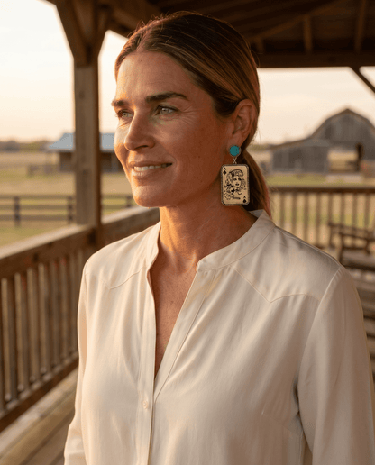 Dolly Card Theme Western Dangle Earrings with Faux Turquoise Stone — 2½" Drop