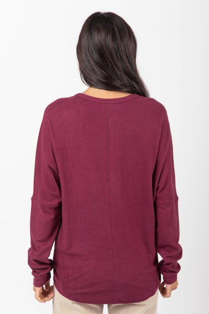 VERY J Dolman Sleeve Oversized Comfy Knit Western Top — Wine Color with Drop Shoulder (Small and Medium available)