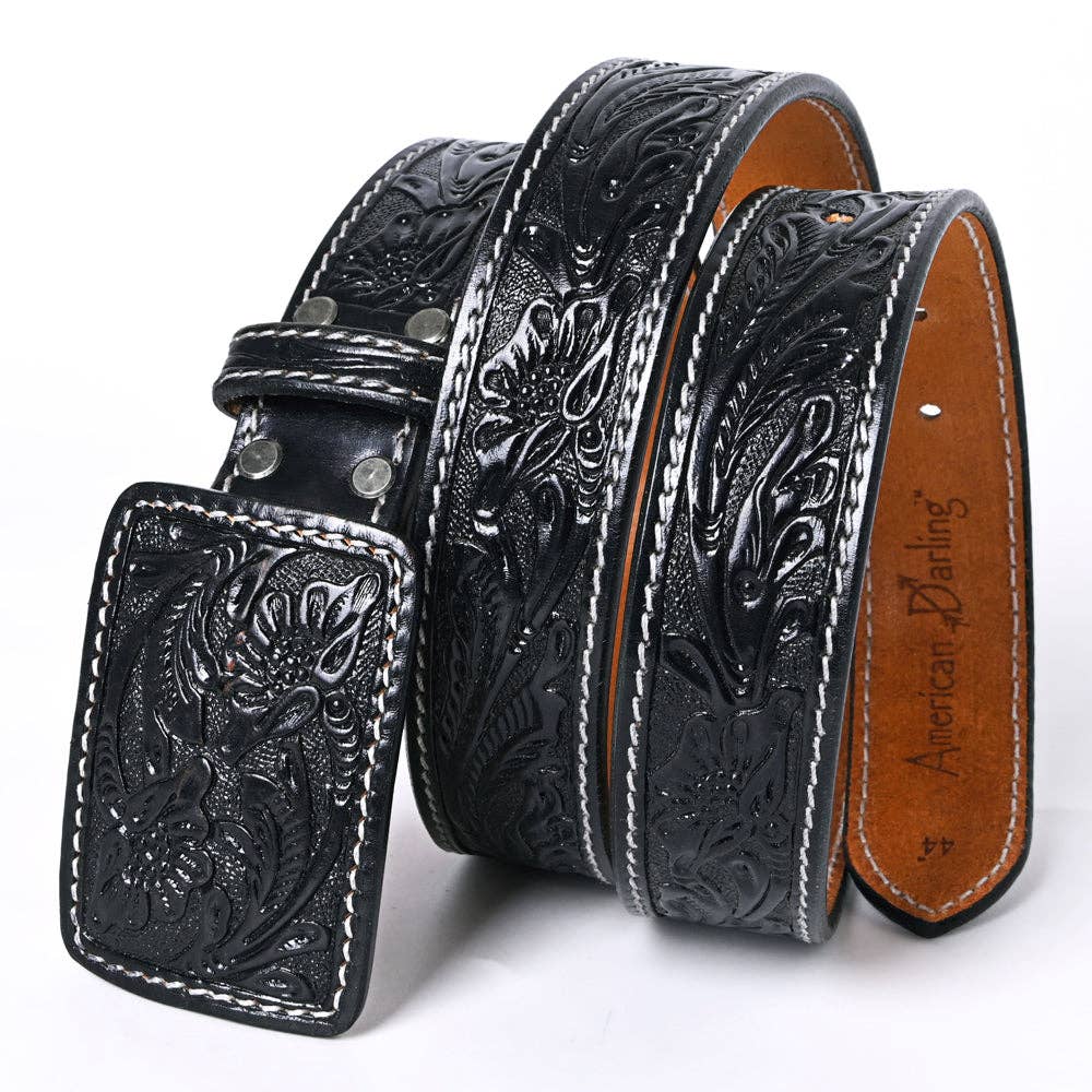 Genuine American Hand-Tooled Leather Belt — Western Unisex Black Belt with Removable Buckle